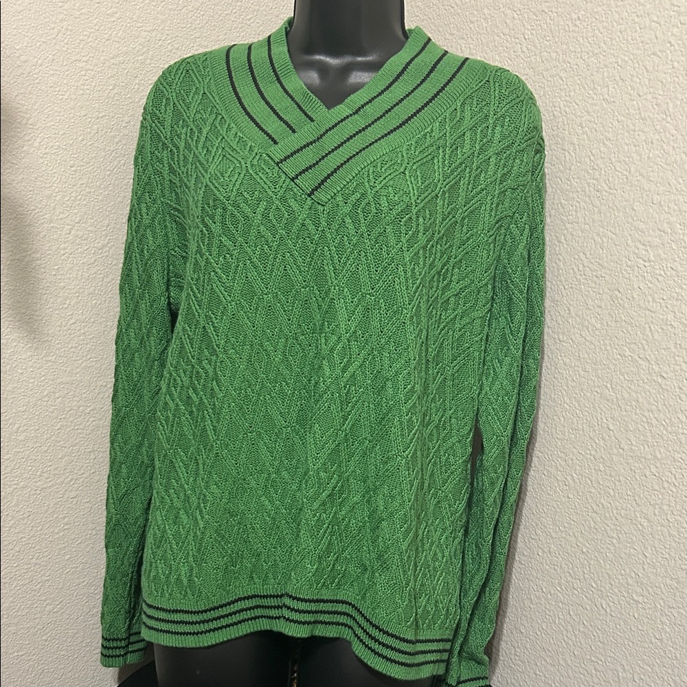 CAbi Green V-Neck Sweater with Striped Detail